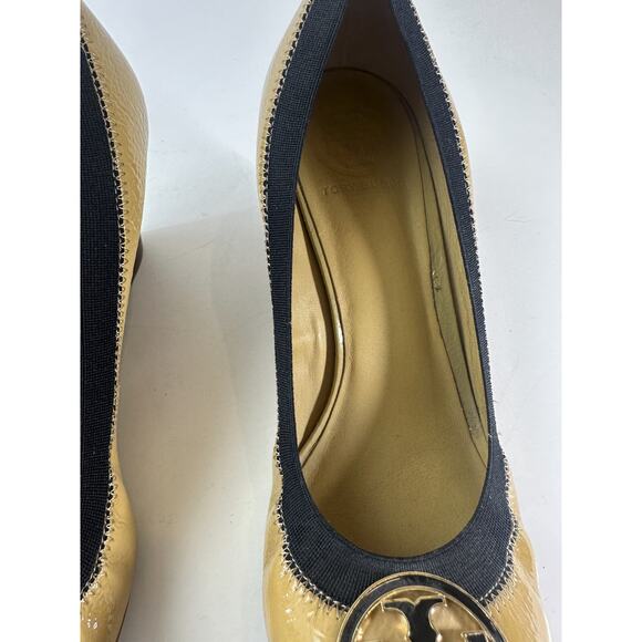 TORY BURCH Caroline Wedge Ice Coffee Black Leather Beige Women's Size 9 / 9M - Picture 7 of 16